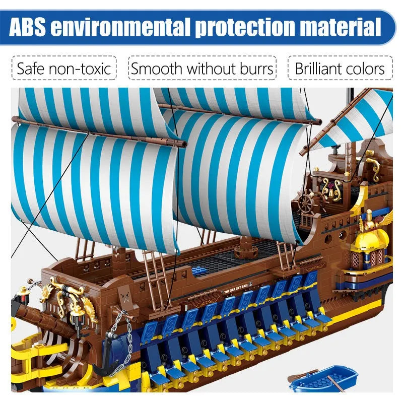 Building Blocks MOC Pirate Historical Blue Sail Ship Bricks Toy - 8