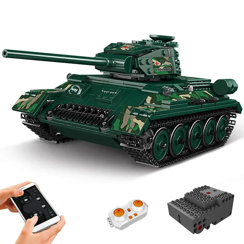 Military RC App MOC Motorized T34 Tank Bricks Toys
