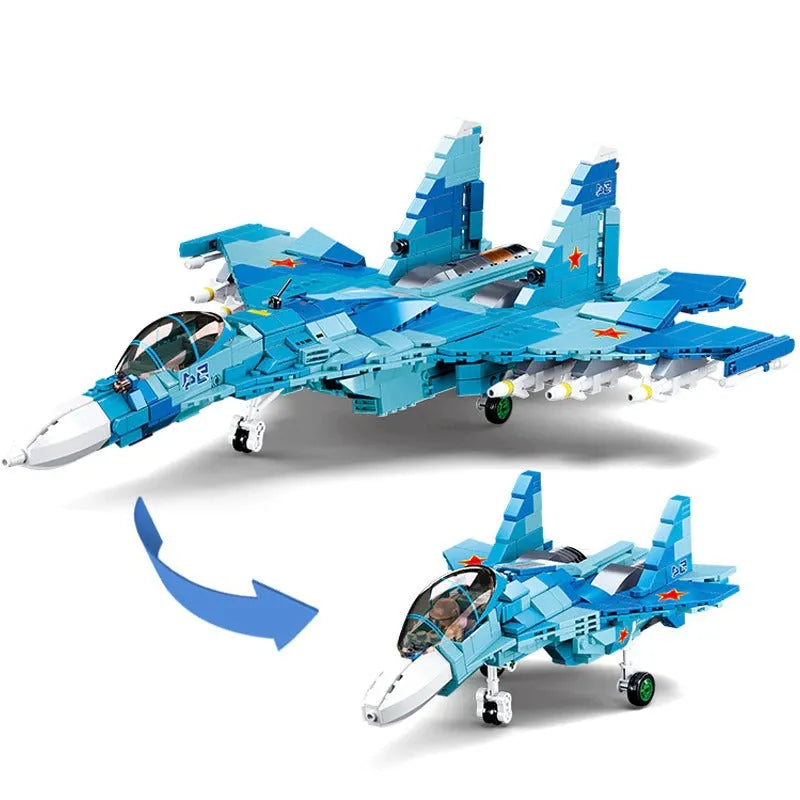 Military MOC SU-27 Flanker Fighter Jet Bricks Kids Toys