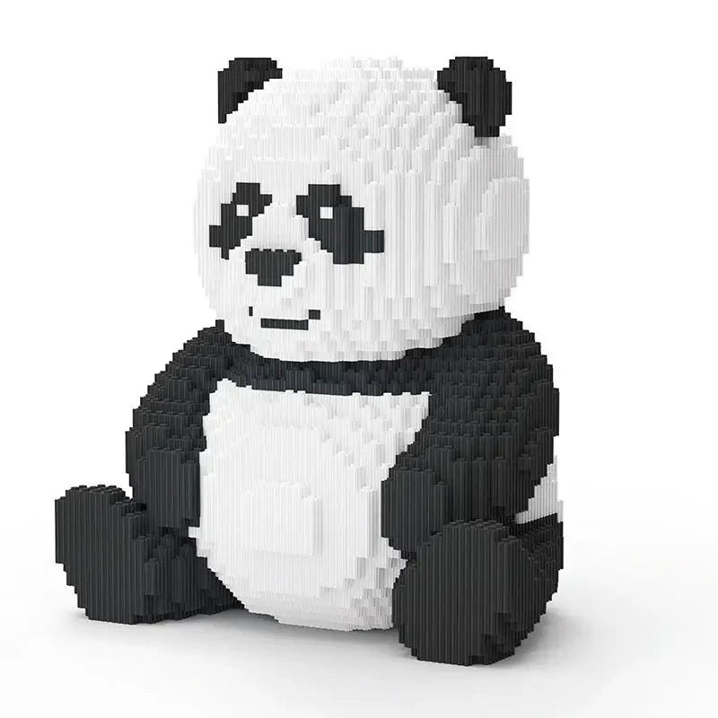 Pixelated sculpture of a sitting panda bear from a building blocks collection.