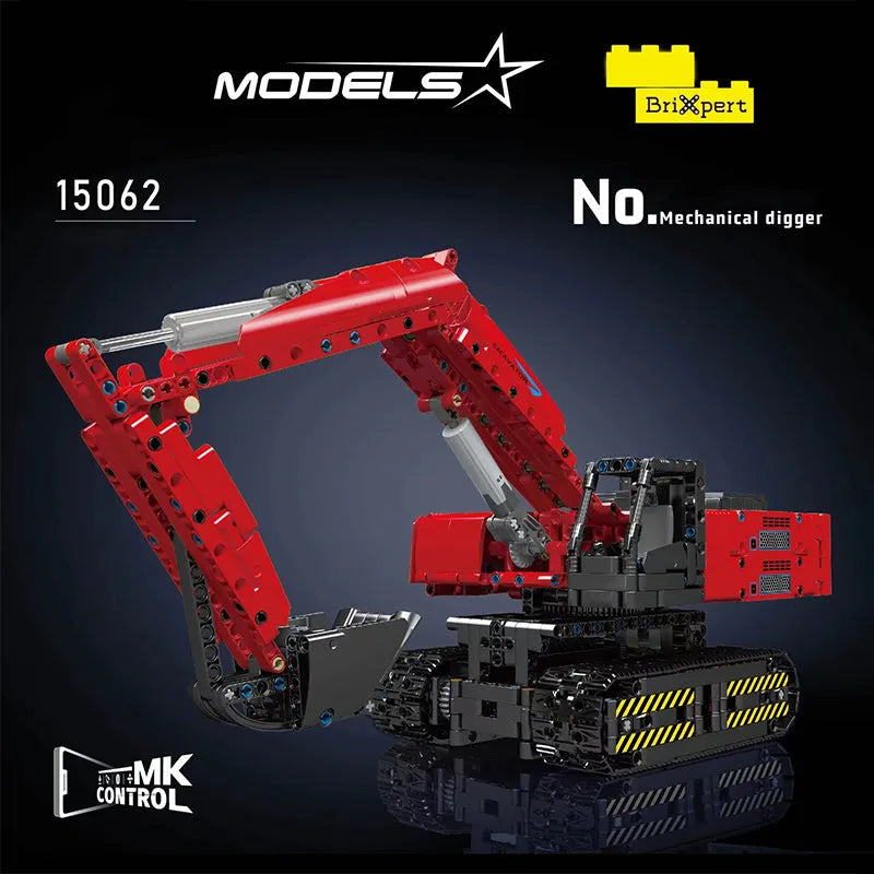 Building Blocks Tech Motorized MOC Red Mechanical Digger Bricks Toy Construction Set Toys - 2