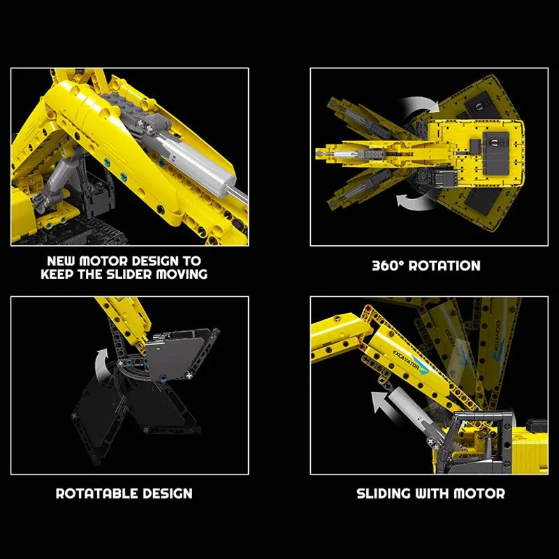 Building Blocks Tech MOC Motorized Yellow Mechanical Digger Bricks Toy - 3