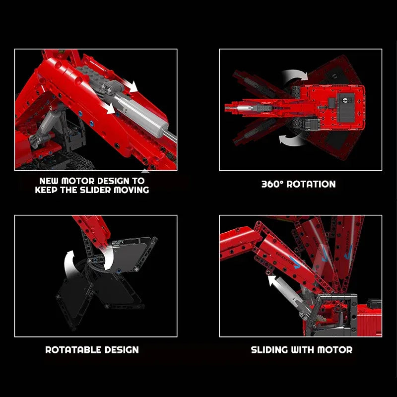 Building Blocks Tech Motorized MOC Red Mechanical Digger Bricks Toy Construction Set Toys - 3