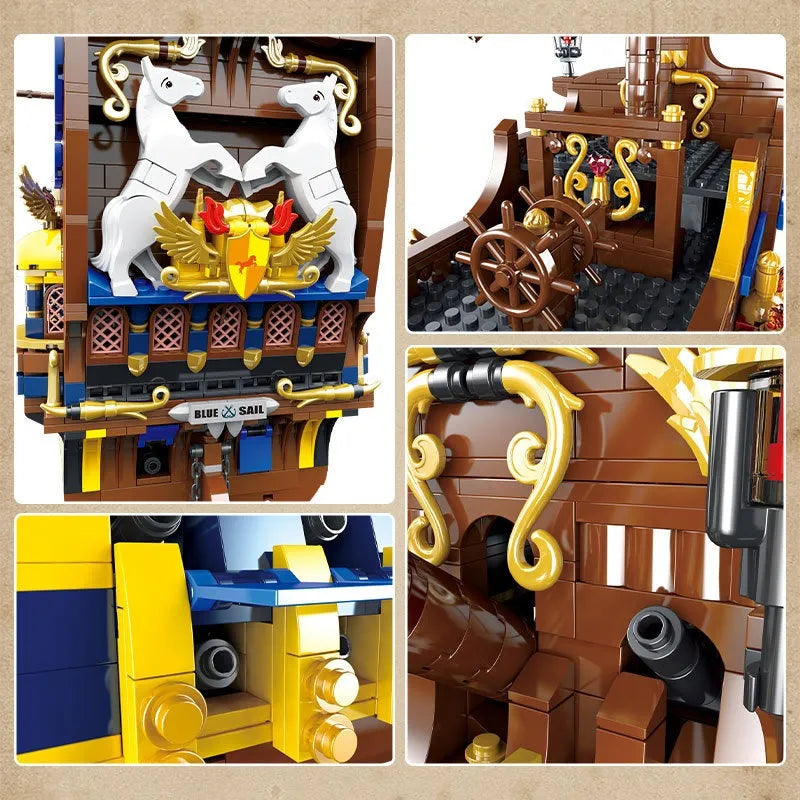 Building Blocks MOC Pirate Historical Blue Sail Ship Bricks Toy - 9