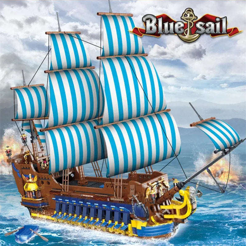 Building Blocks MOC Pirate Historical Blue Sail Ship Bricks Toy Construction Set Toys - 5