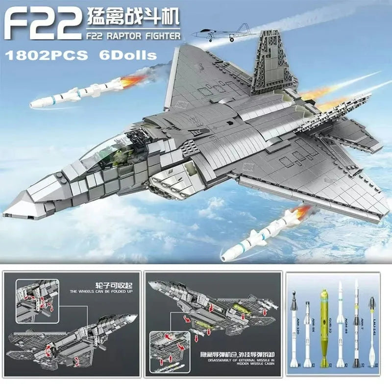 Building Blocks MOC Military Aircraft F22 Raptor Fighter Jet Bricks Toy - 2