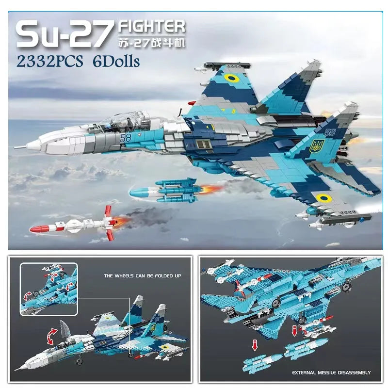 Building Blocks MOC Military WW2 Aircraft SU-27 Fighter Jet Bricks Toy - 2