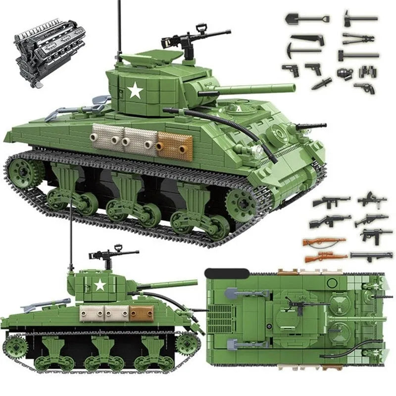 MOC Military WW2 M4A1 US Army Sherman Tank Bricks Toy