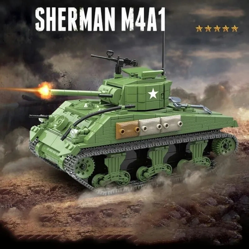 Building Blocks MOC Military WW2 M4A1 US Army Sherman Tank Bricks Toy Construction Set Toys - 2