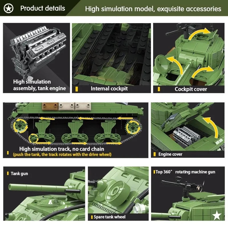 Building Blocks MOC Military WW2 M4A1 US Army Sherman Tank Bricks Toy Construction Set Toys - 7