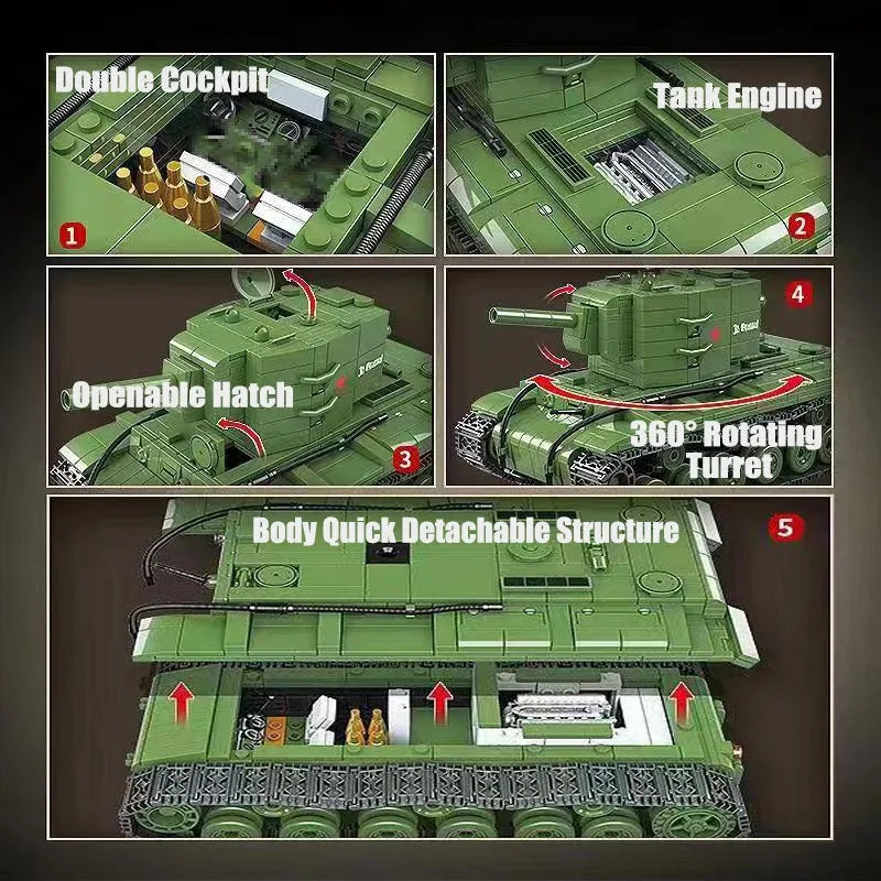 Building Blocks Military WW2 Soviet Army KV-2 Heavy Tank Bricks Toy Construction Set Toys - 6