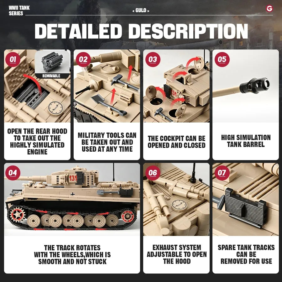Mini Racing Tank Model 131 MOC Military WW2 Tank 131 Tiger Heavy Building Blocks