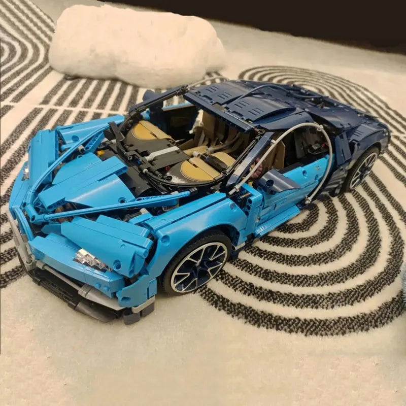 Blue and black LEGO Technic model of a Bugatti Chiron Racing Car for enthusiasts