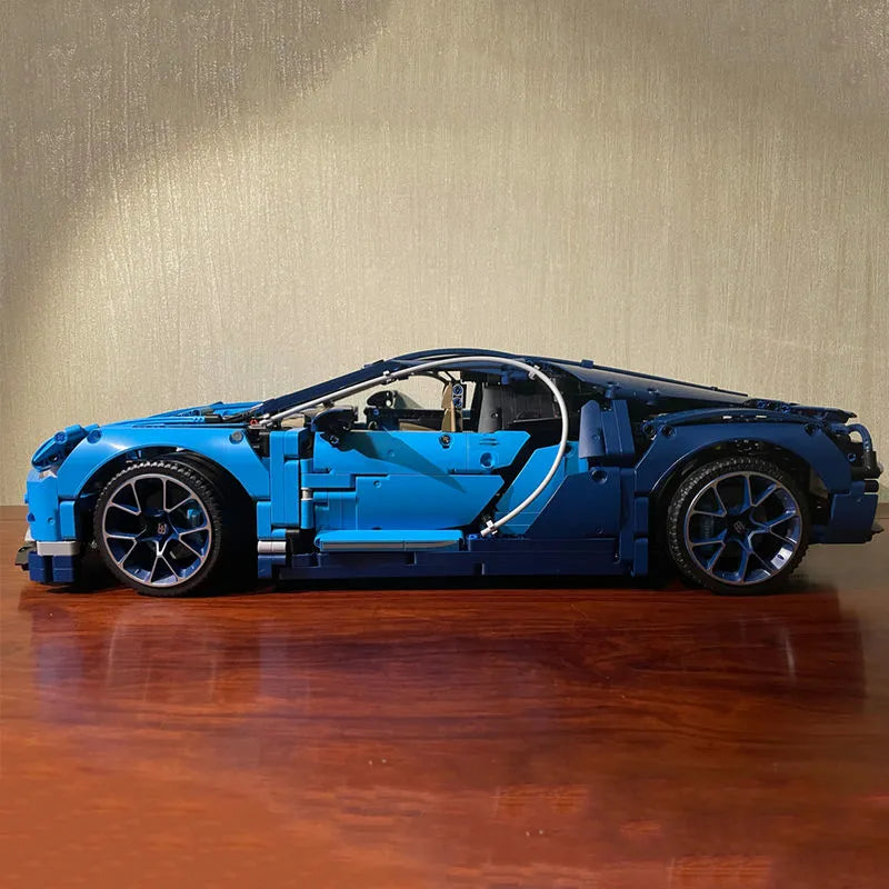 Blue LEGO Technic model of a Bugatti Chiron Racing Car Bricks Toy