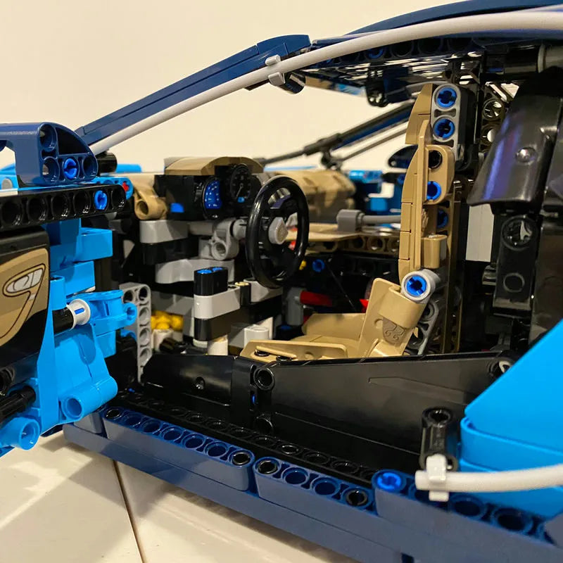 LEGO Technic Bugatti Chiron Racing car interior with steering wheel and mechanical parts