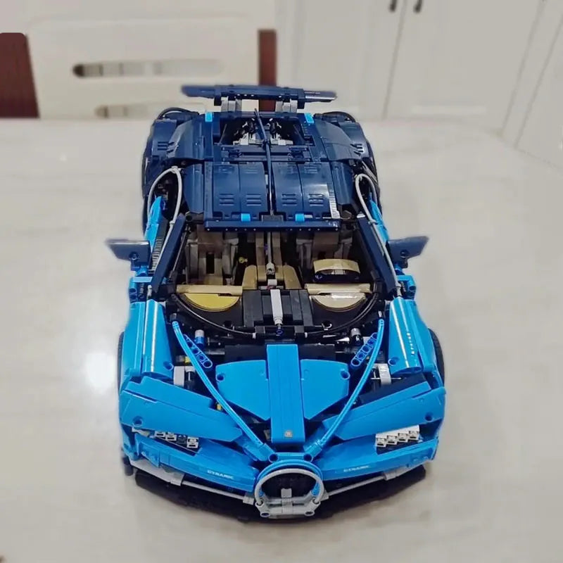 Blue LEGO Bugatti Chiron Racing car model showcasing detailed exposed interior components