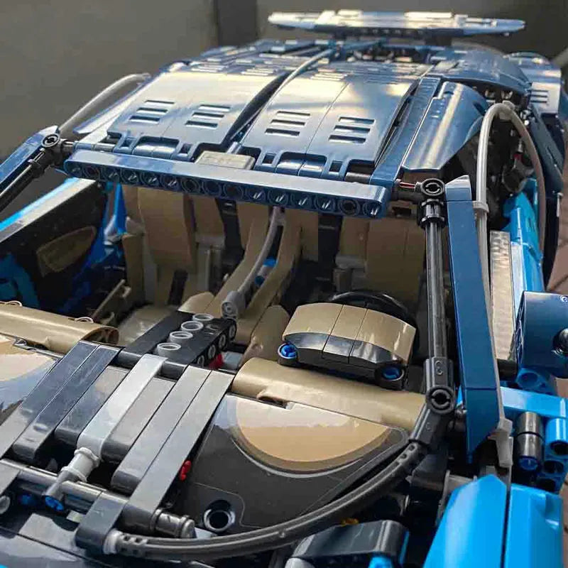 Intricate LEGO Technic Bugatti Chiron Racing Car with blue and gray components