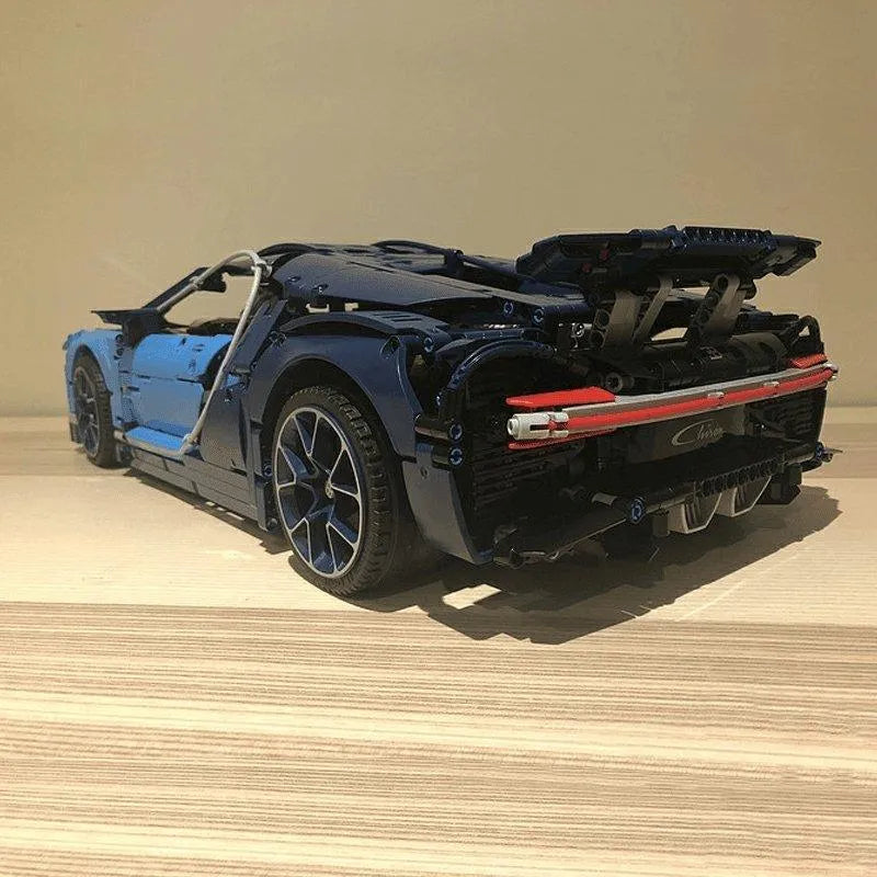 Model Bugatti Chiron Racing Car in blue and black with a prominent rear spoiler