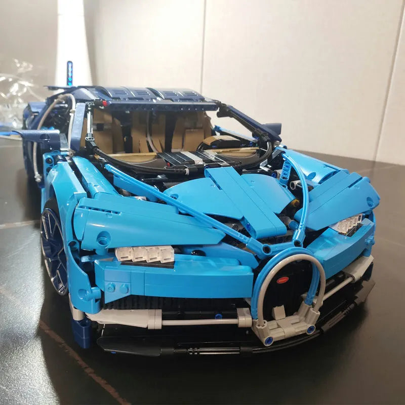Blue LEGO Technic model of a Bugatti Chiron Racing car in Tech MOC product
