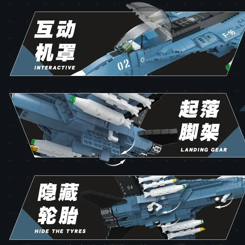 Building Blocks Military Aircraft Tech MOC F-16 Fighter Jet Bricks Toy Construction Set Toys - 5