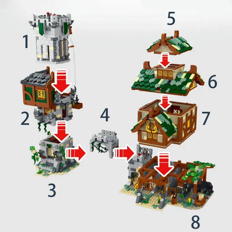 Building Blocks MOC Expert Medieval Town Stable Guard Tower Bricks Toys Construction Set Toys - 7
