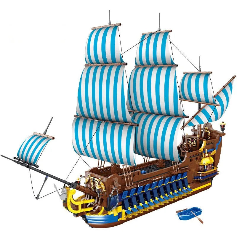 Pirate Ship Rails MOC Pirates Caribbean Blue Sail Ship Building Blocks for Kids