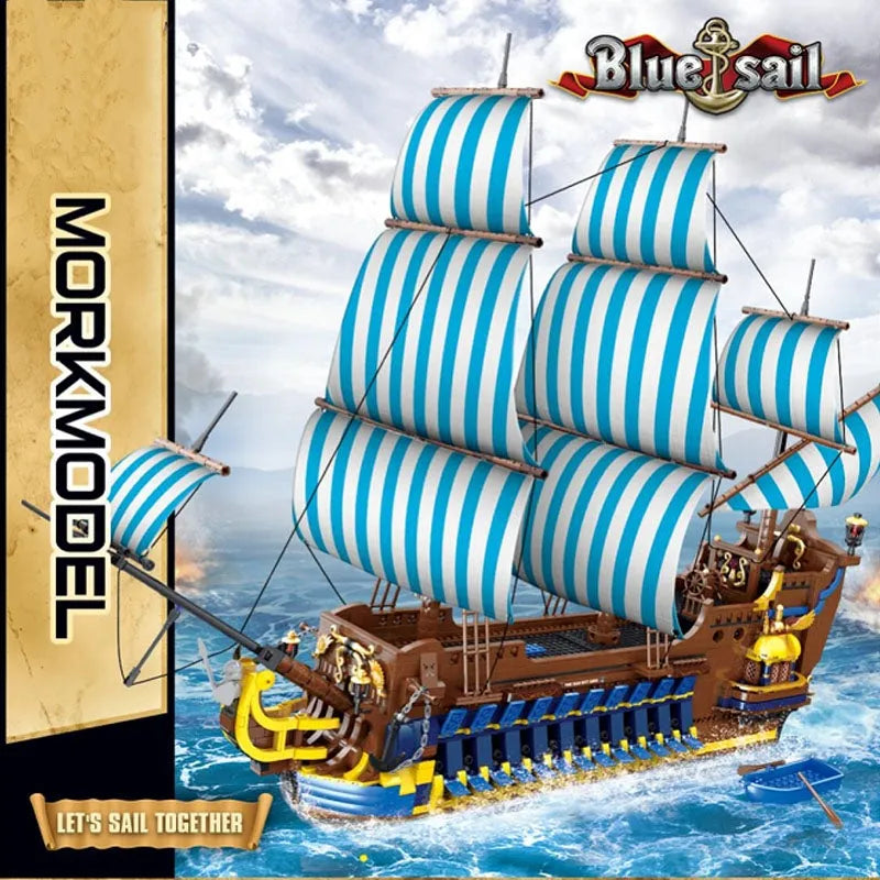 Building Blocks MOC Pirates Caribbean Blue Sail Ship Bricks Toys - 3