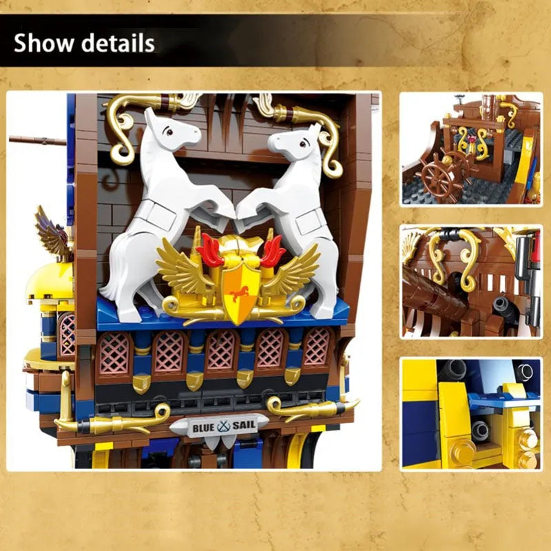 Building Blocks MOC Pirates Caribbean Blue Sail Ship Bricks Toys - 4