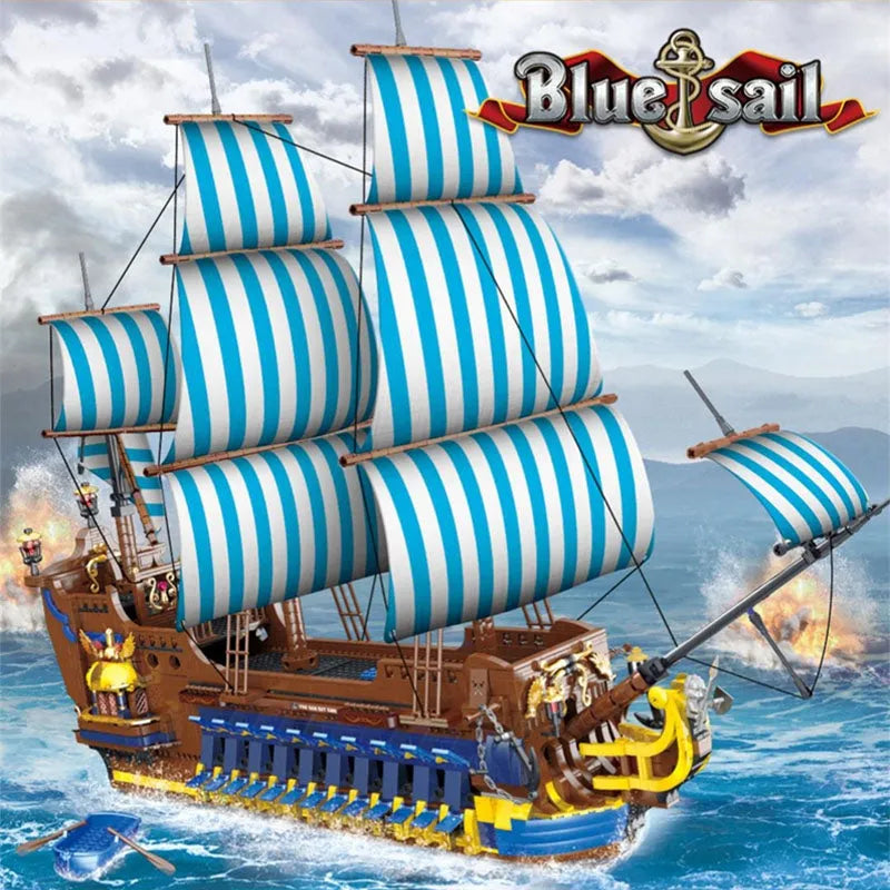 Building Blocks MOC Pirates Caribbean Blue Sail Ship Bricks Toys - 5