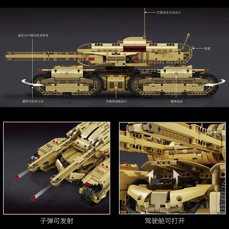 Building Blocks Military MOC Motorized RC Heavy Mammoth Tank Bricks Toy - 6
