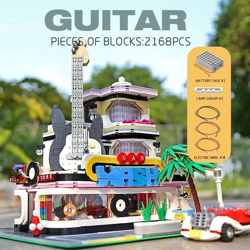 Building Blocks MOC City Creator Expert Guitar Car Wash Shop Bricks Toy - 2