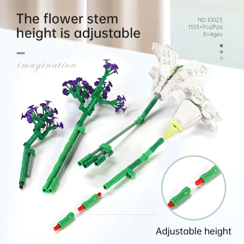 Building Blocks MOC Flowers Bouquet Bonsai Lily Potted Plant Bricks Toys - 4
