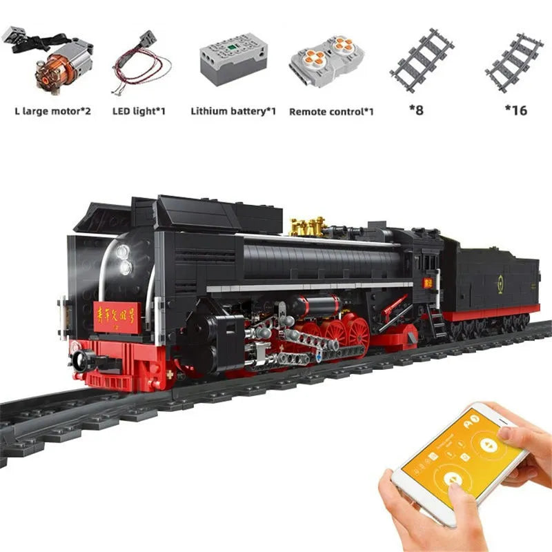 Building Blocks MOC Motorized APP RC QJ Steam Locomotive Train Bricks Toys - 1