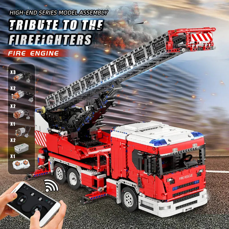 Building Blocks Tech MOC APP RC Rescue Fire Engine Ladder Truck Bricks Toy 17022 Construction Set Toys - 2