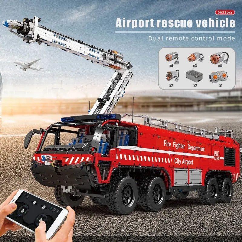 Building Blocks Tech Motorized RC Pneumatic Airport Rescue Truck Bricks Toy Construction Set Toys - 2
