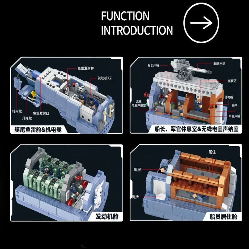 Building Blocks Military WW2 MOC German Navy VIIC U-552 Submarine Bricks Toy - 9