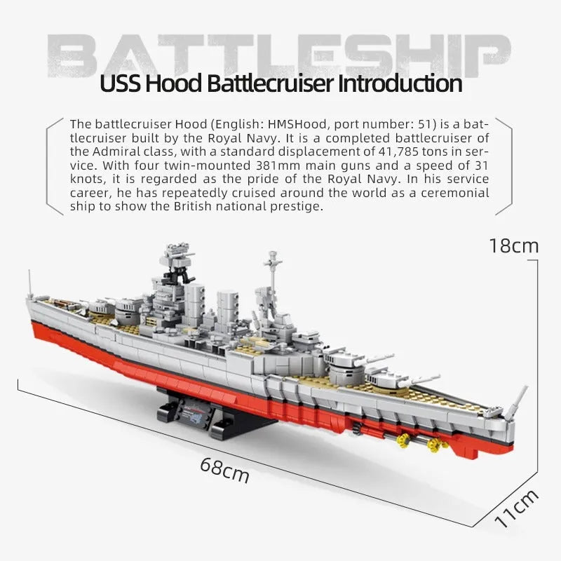 Building Blocks MOC Military USS Hood Battleship WW2 Warship Bricks Toys - 9