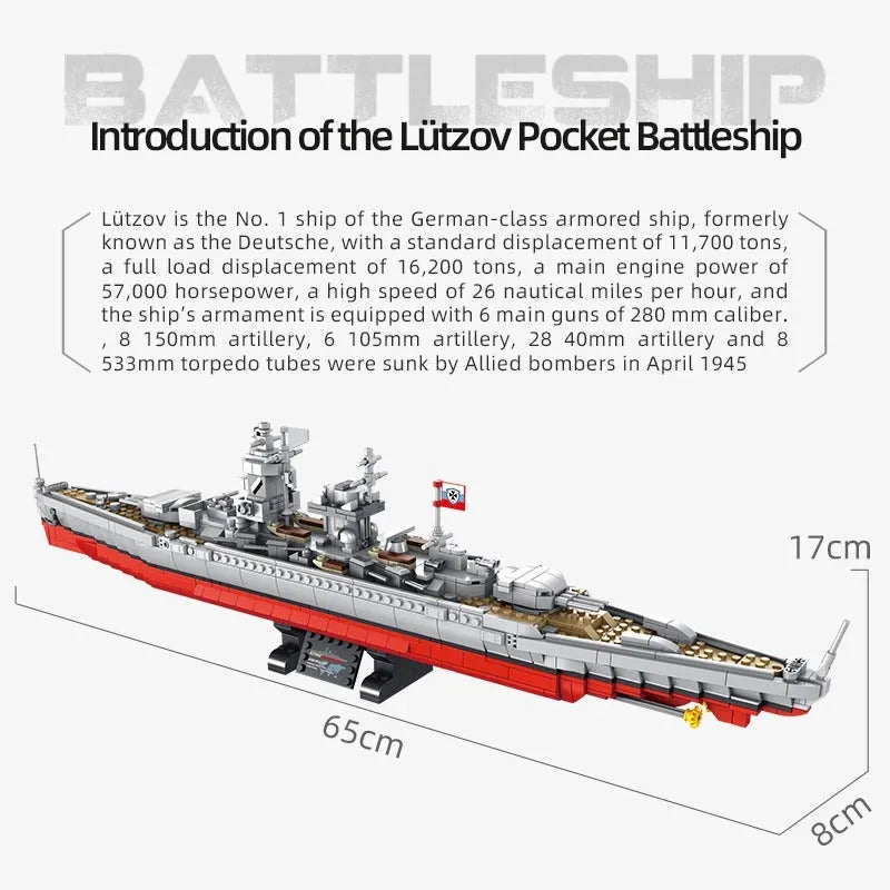 Building Blocks MOC Military WW2 German Battleship Warship Bricks Toys Kids - 8