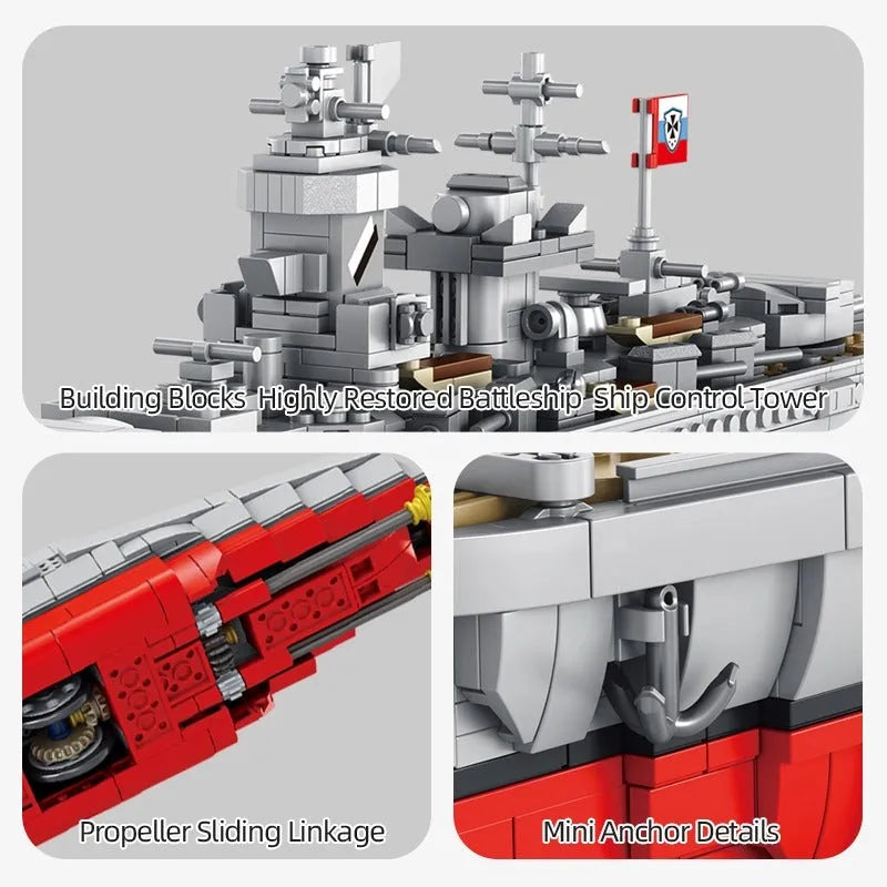 MOC Military WW2 German Battleship Warship Bricks Toys Kids