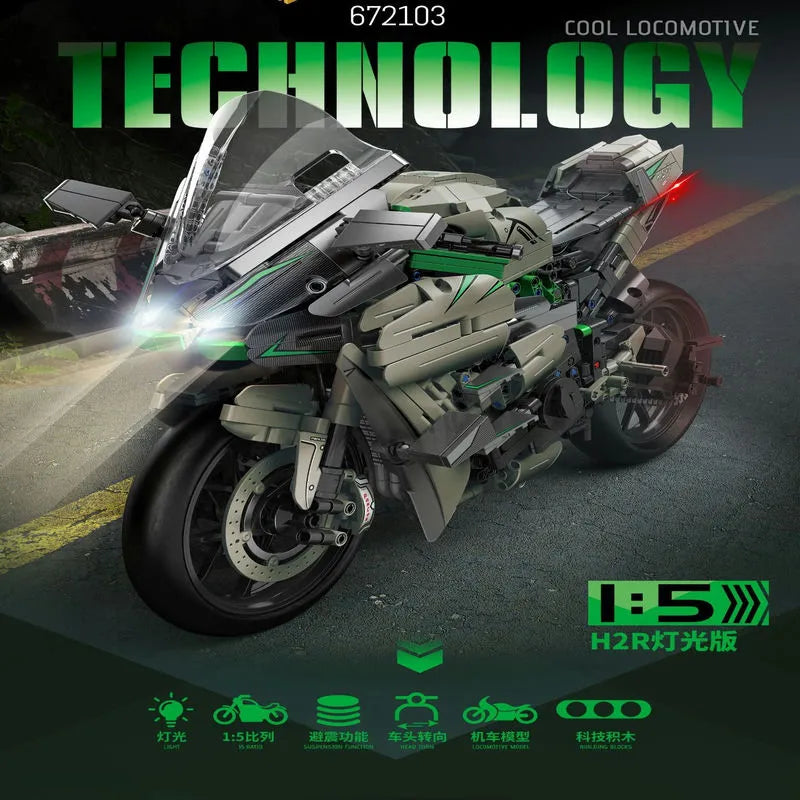 Building Blocks Tech MOC Kawasaki H2R Sport Motorcycle Bricks Toys 672103 - 1