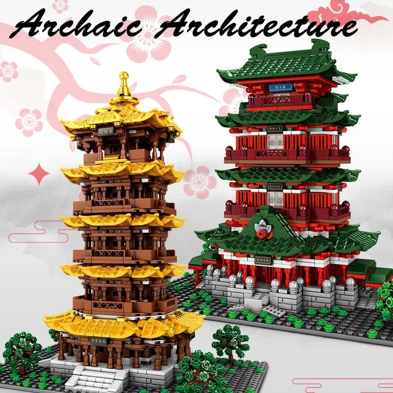 Building Blocks MOC Architecture The Yellow Crane Tower Bricks Toys Construction Set Toys - 3