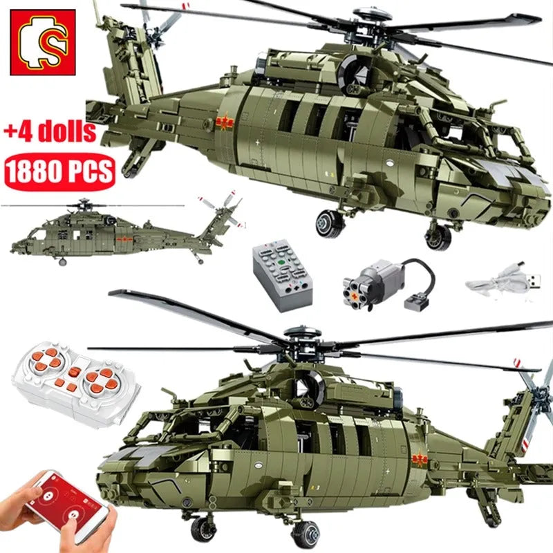 Building Blocks MOC RC Military Z-20 Attack Helicopter Bricks Kids Toys - 9