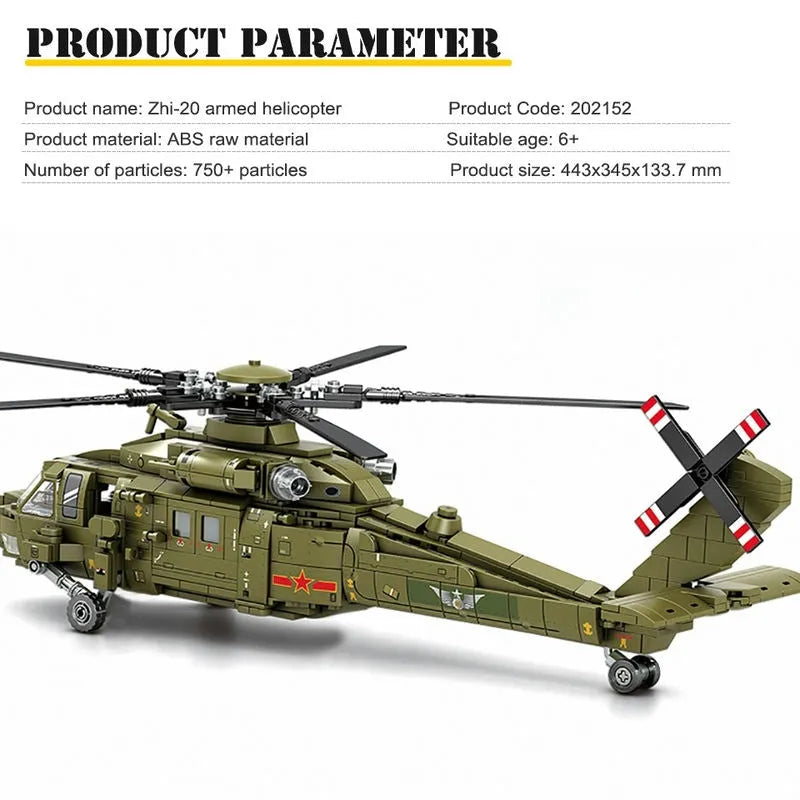 Building Blocks Tech Military Z-20 Attack Helicopter Bricks Toys - 6