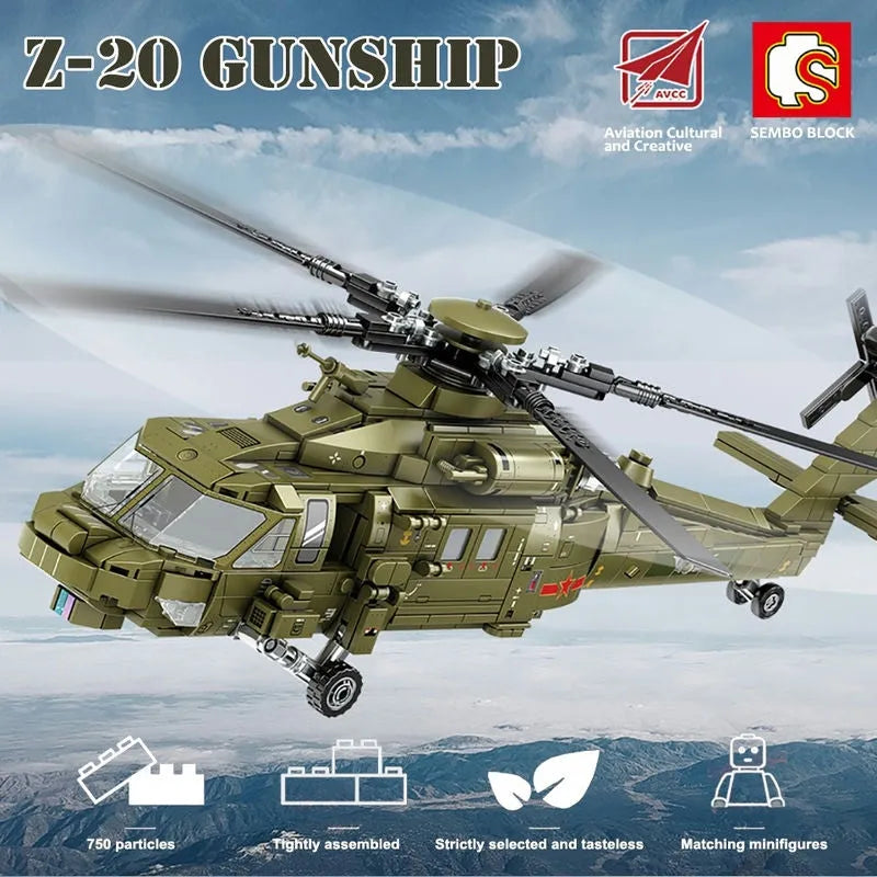 Building Blocks Tech Military Z-20 Attack Helicopter Bricks Toys - 2
