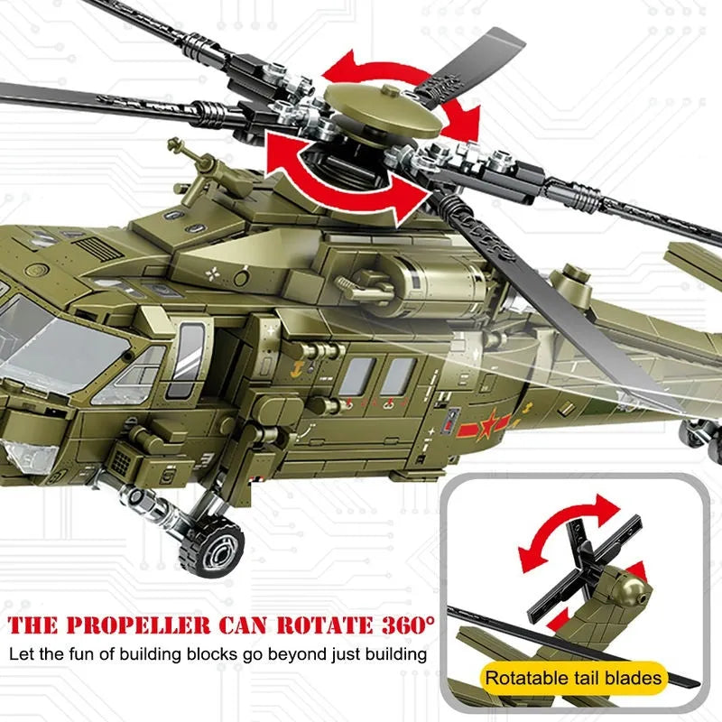 Building Blocks Tech Military Z-20 Attack Helicopter Bricks Toys - 9