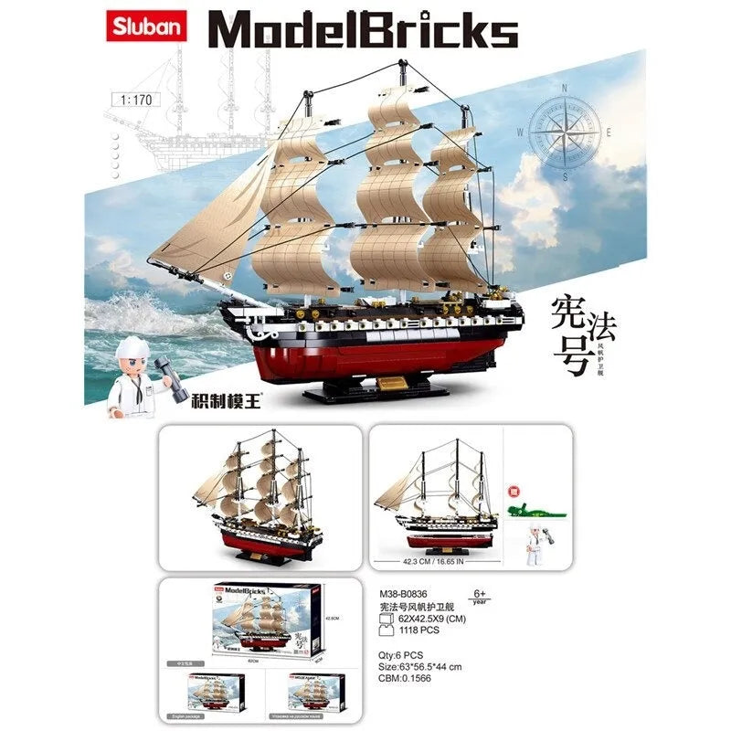 Building Blocks Creative MOC USS Constitution Pirate Ship Bricks Toys - 3