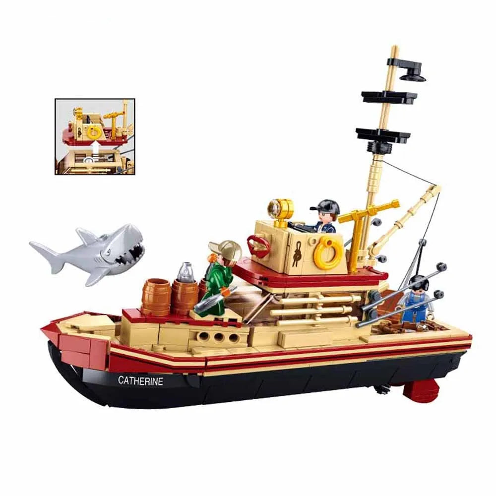 Building Blocks Fisherman Great Shark Fishing Boat Bricks Toy - 1