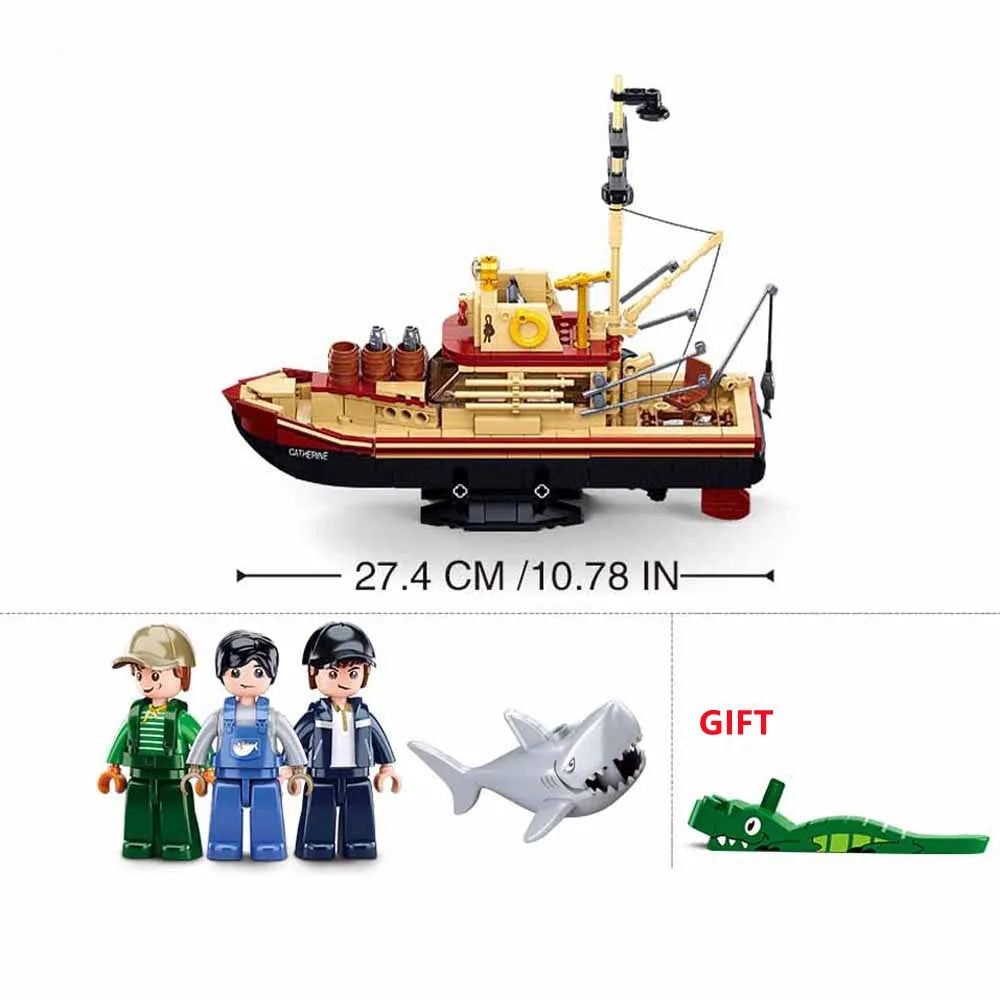 Building Blocks Fisherman Great Shark Fishing Boat Bricks Toy - 2