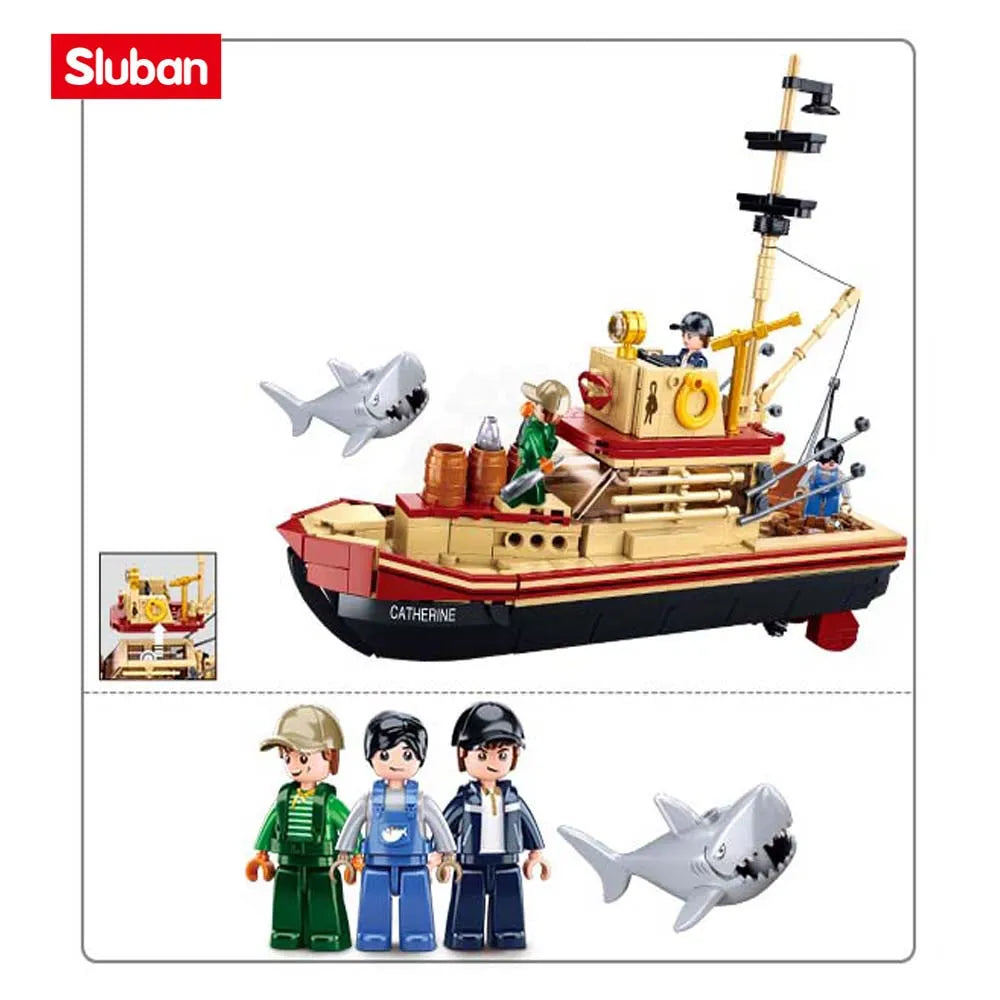 Building Blocks Fisherman Great Shark Fishing Boat Bricks Toy Construction Set Toys - 5