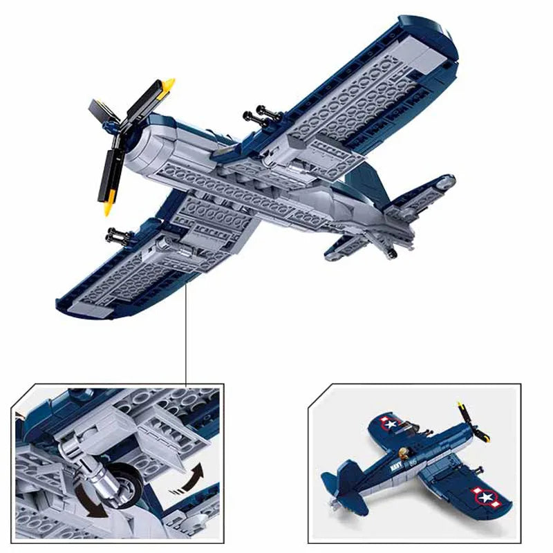 Building Blocks Military Aircraft WW2 US F4U Bomber Plane Bricks Toy - 3